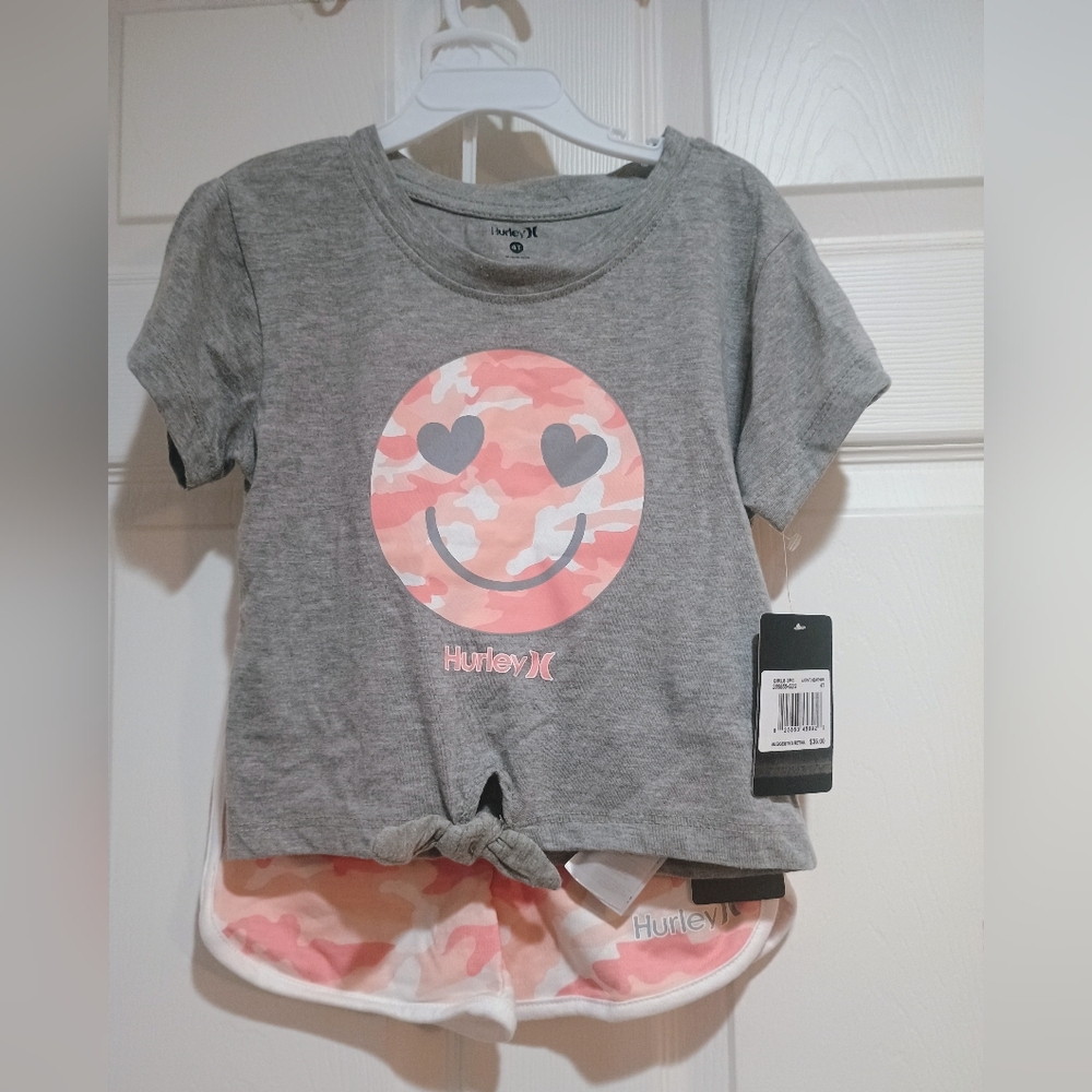 New Girls Hurley Smile Camo Tee With Tie Front And Matching Pink Camo Shorts 4T